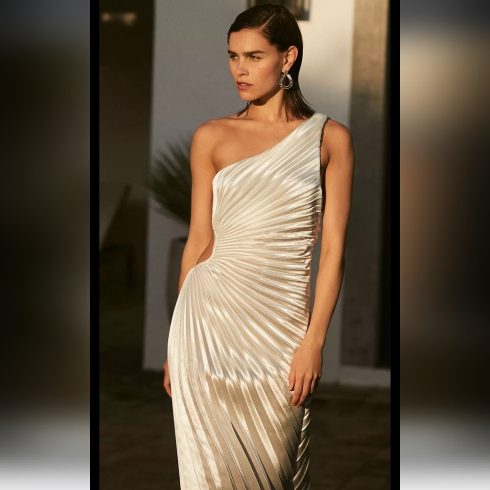 Delfi Collective Sz L One Shoulder usa Maxi Dress accordian White Party Wedding